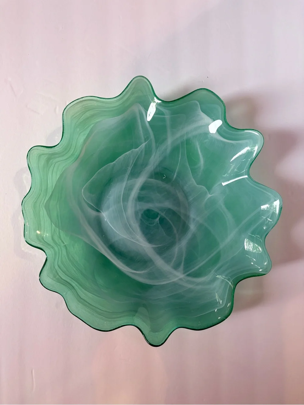 Pier 1 Seafoam Green Swirl Ruffled Art Glass Bowl